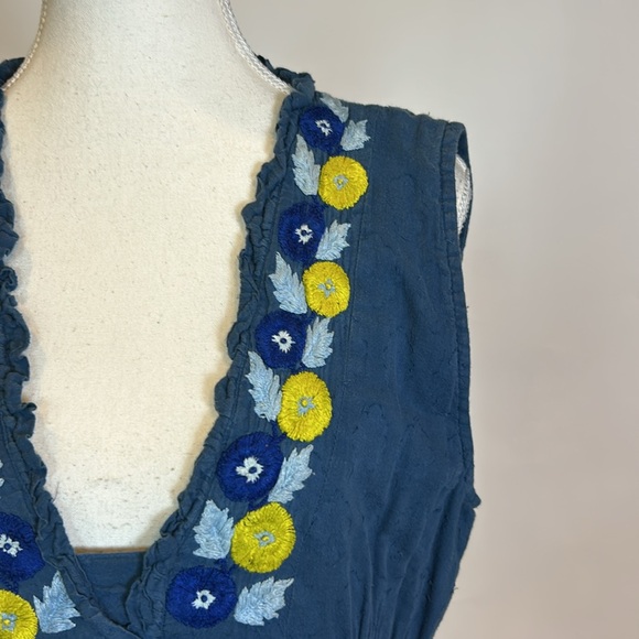Banjanan | "Diana" Blue Embroidered Floral Tie Waist Sleeveless Dress | Large - Picture 6 of 15